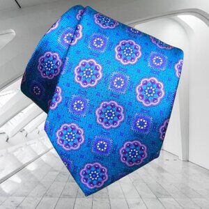 $690 BRIONI Handmade Teal Blue Lavender Geometric Medallions Silk Tie LUX Italy
